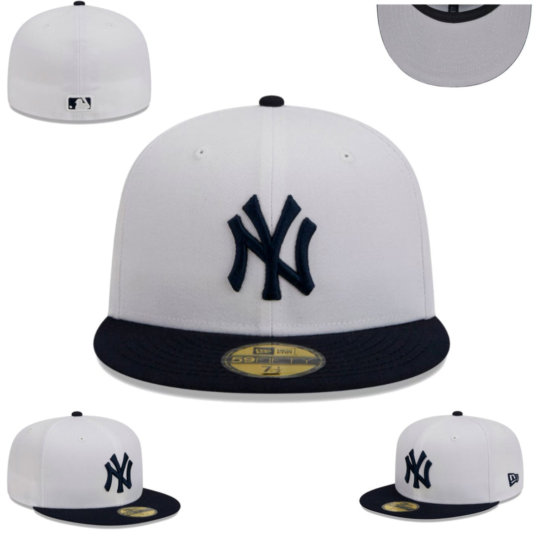 New York Yankees White and Navy Blue Fitted Hat with Embroidered Logo